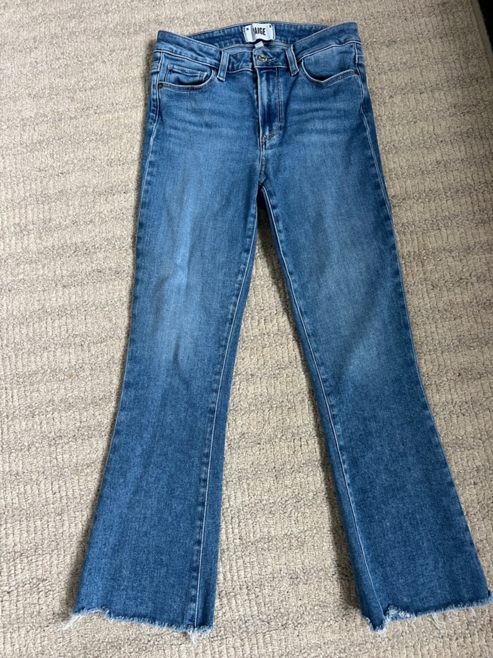 PAIGE Blue Ankle Crop Flare Jeans with Raw Hem